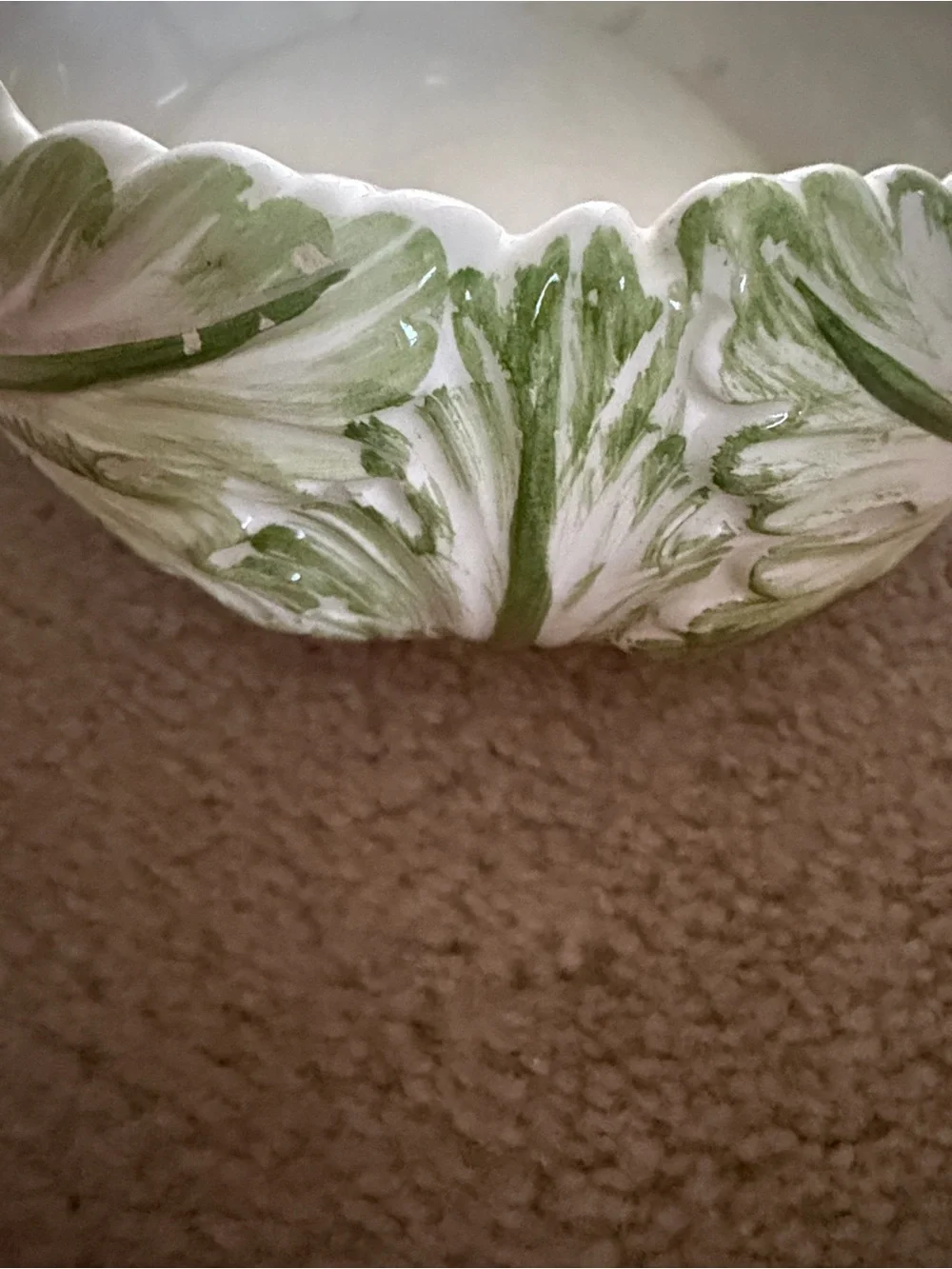 Leaf-Edge Ceramic Serving Bowl in White and Green